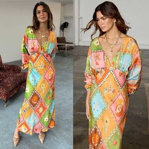 NWT Never Fully Dressed Emma Soller Multicolored Print V-Neck Long Sleeve Dress